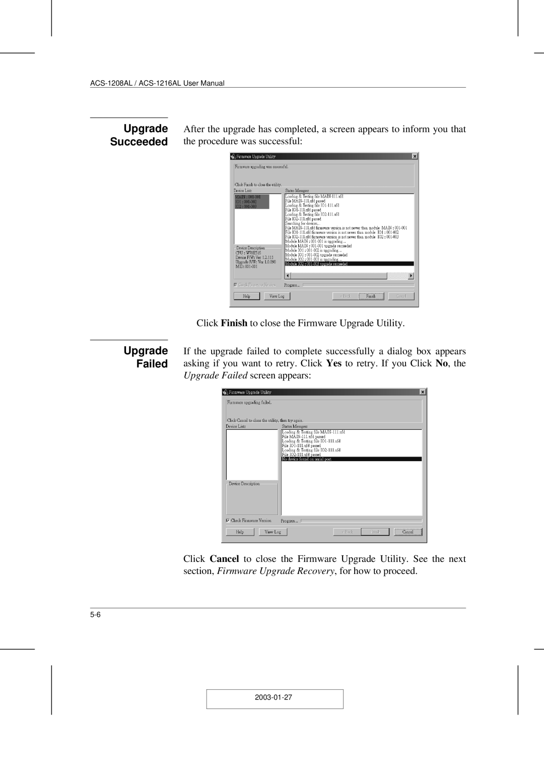 ATEN Technology ACS-1208AL, ACS-1216AL user manual Upgrade Failed 