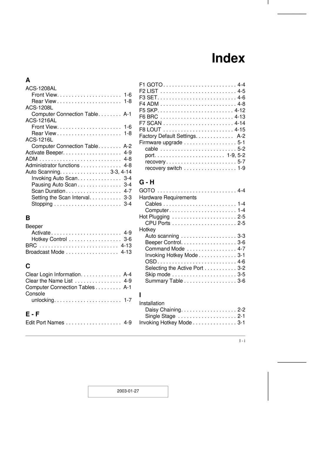 ATEN Technology ACS-1216AL, ACS-1208AL user manual Index, ACS-1216L 