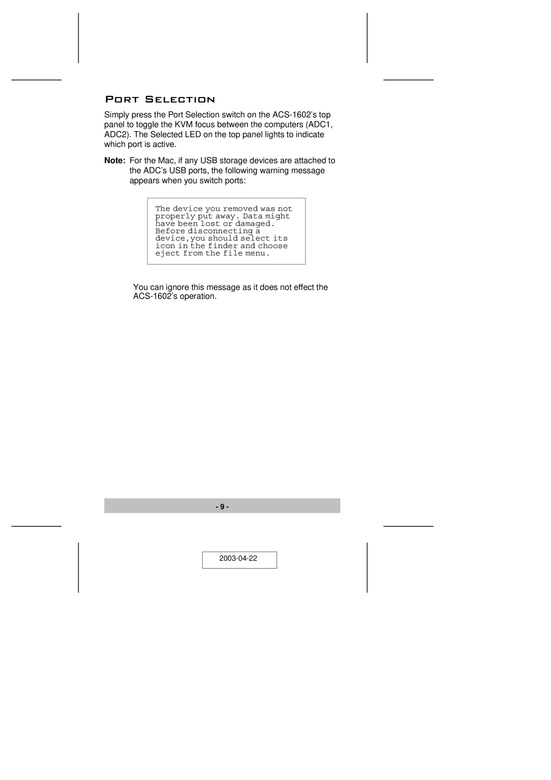 ATEN Technology ACS-1602 user manual Port Selection 