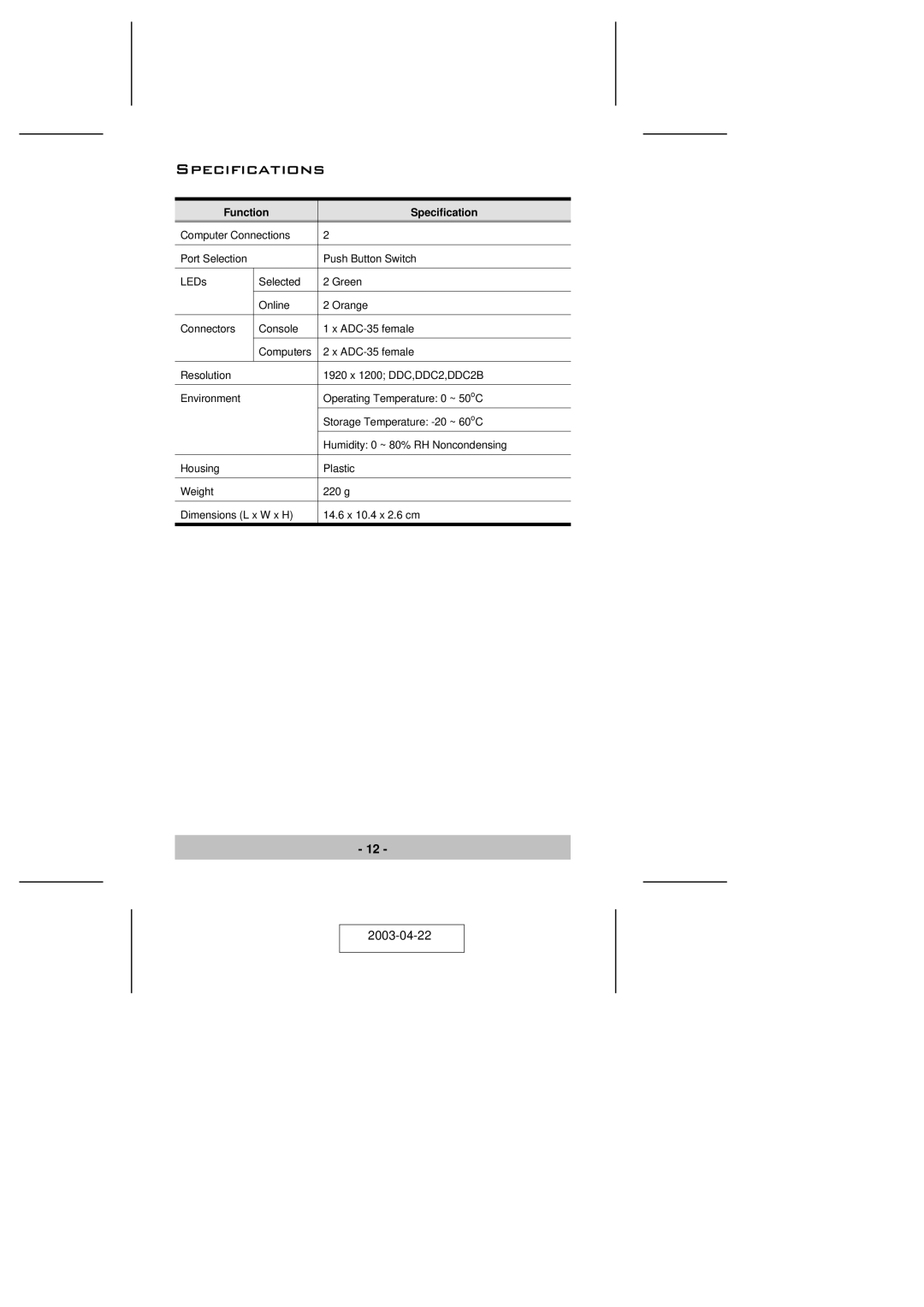 ATEN Technology ACS-1602 user manual Specifications, Function Specification 