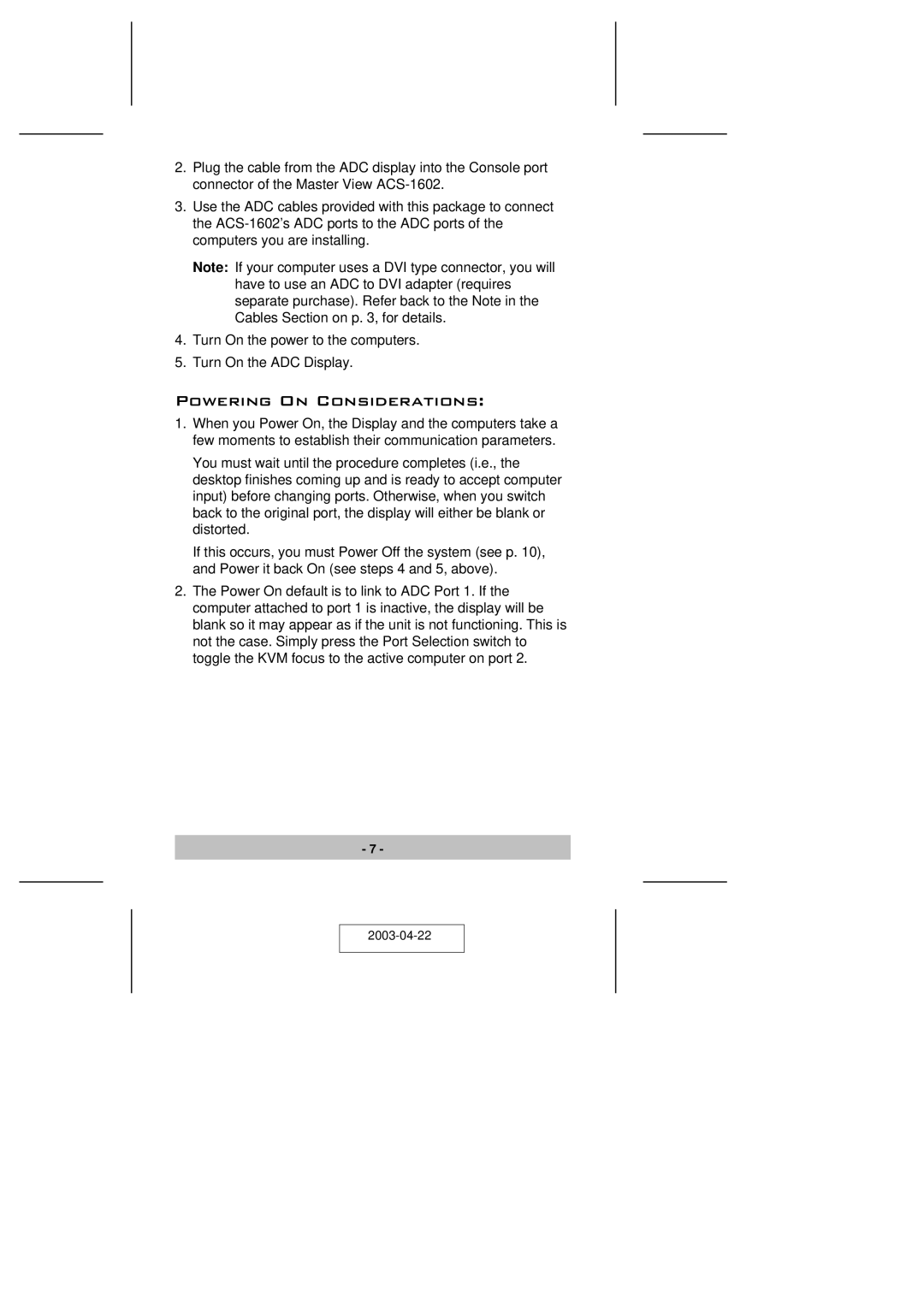 ATEN Technology ACS-1602 user manual Powering On Considerations 