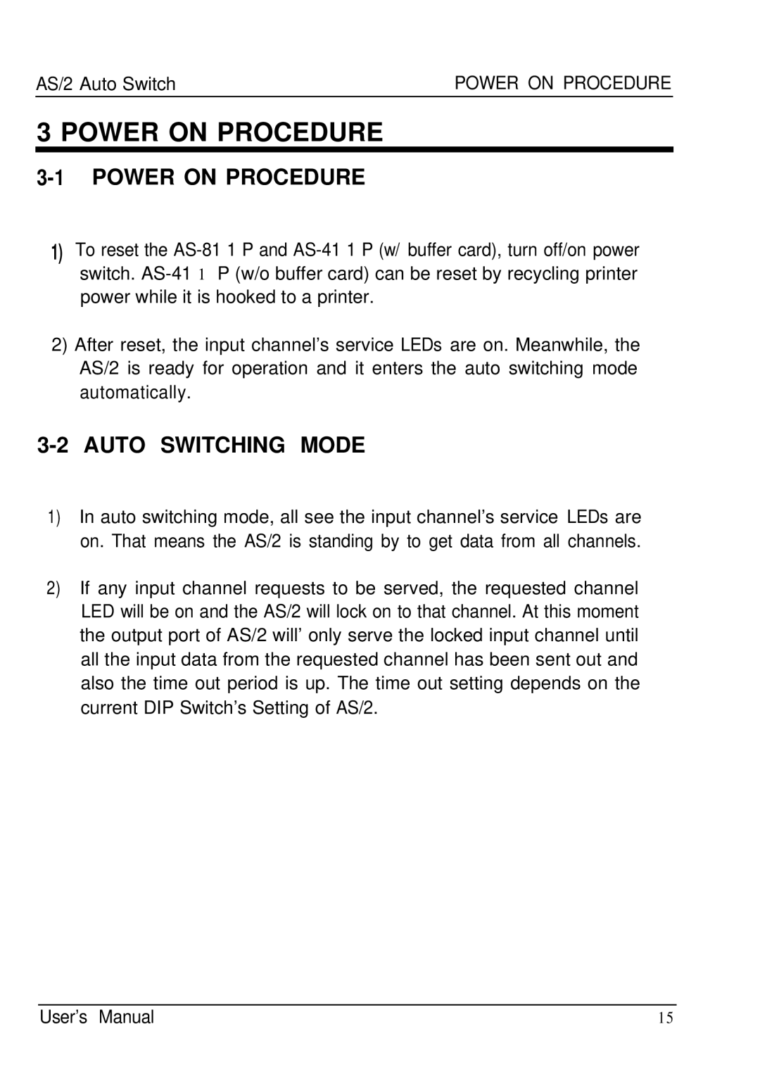 ATEN Technology AS-411P, AS-811P, AS-811S, AS-411S user manual Power on Procedure, Auto Switching Mode 