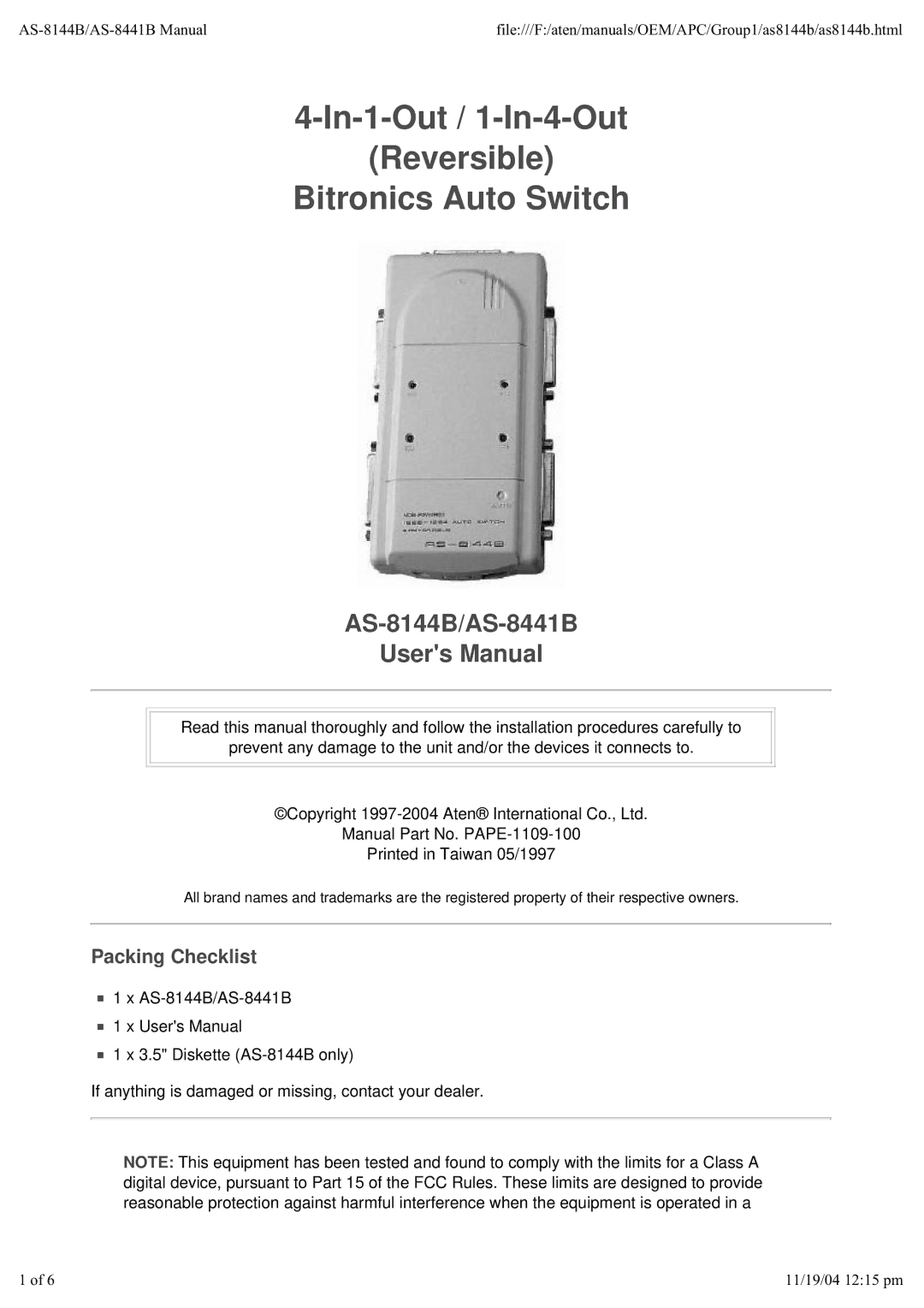 ATEN Technology AS-8441B, AS-8144B user manual In-1-Out / 1-In-4-Out Reversible Bitronics Auto Switch, Packing Checklist 