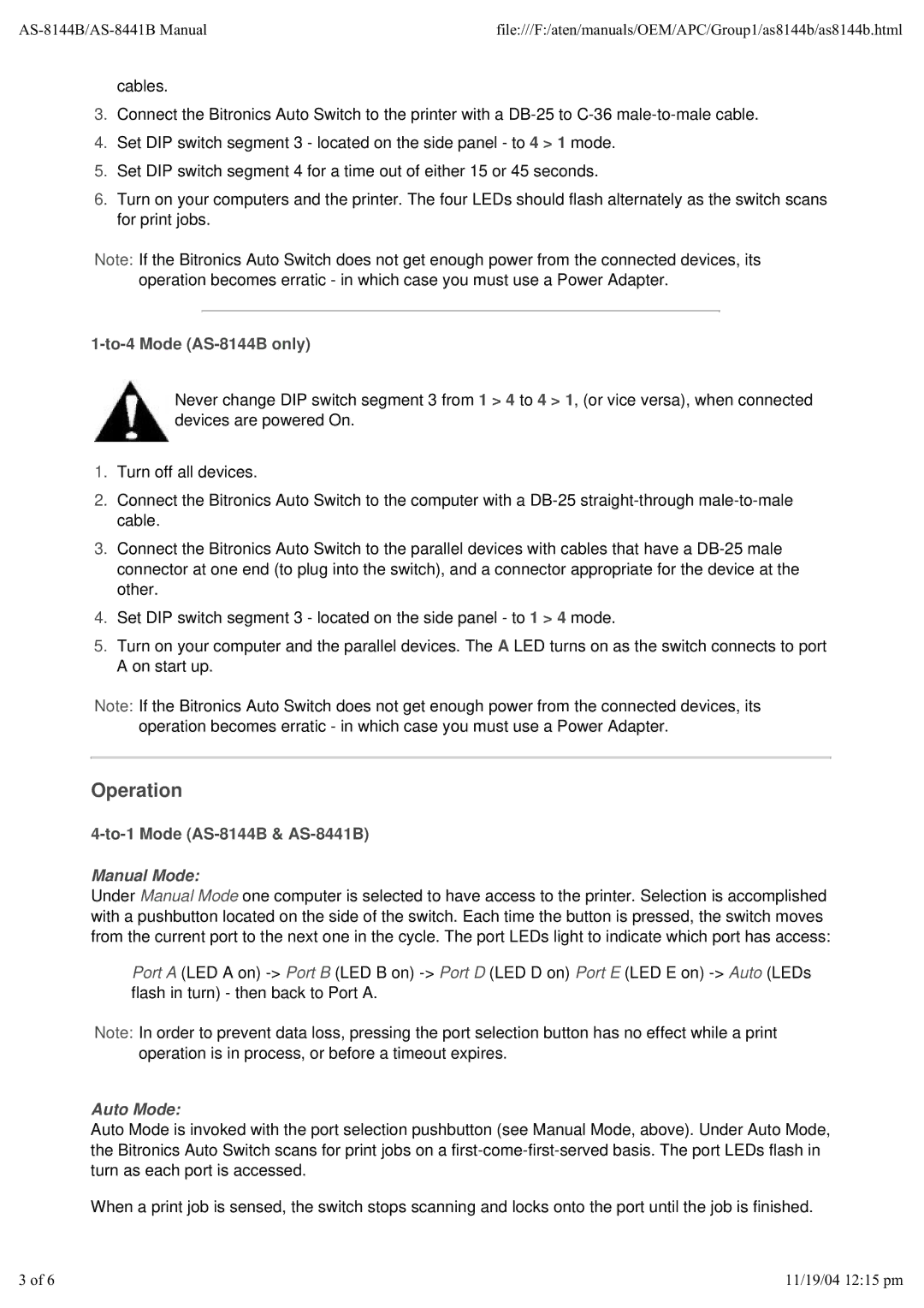 ATEN Technology AS-8441B user manual Operation, To-4 Mode AS-8144B only, Manual Mode, Auto Mode 