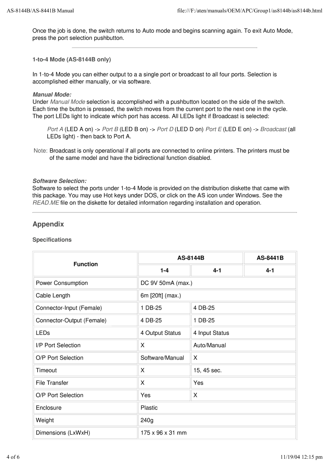 ATEN Technology AS-8144B, AS-8441B user manual Appendix, Software Selection, Specifications 