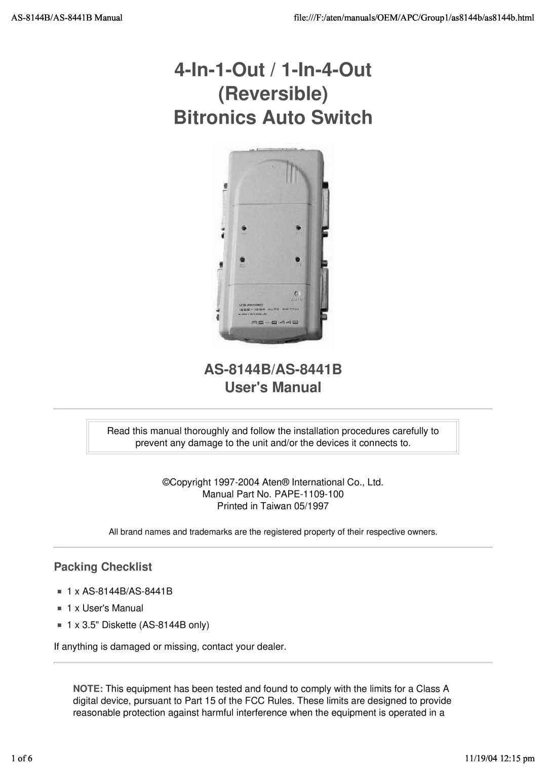 ATEN Technology AS-8441B, AS-8144B user manual Packing Checklist, 4-In-1-Out / 1-In-4-Out Reversible Bitronics Auto Switch 