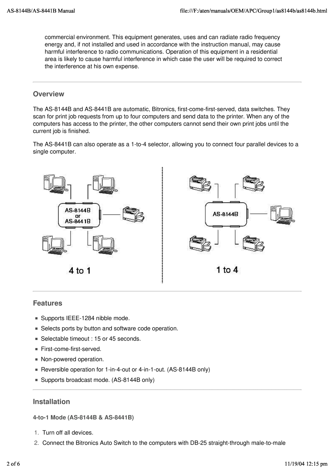 ATEN Technology user manual Overview, Features, Installation, 4-to-1 Mode AS-8144B & AS-8441B 