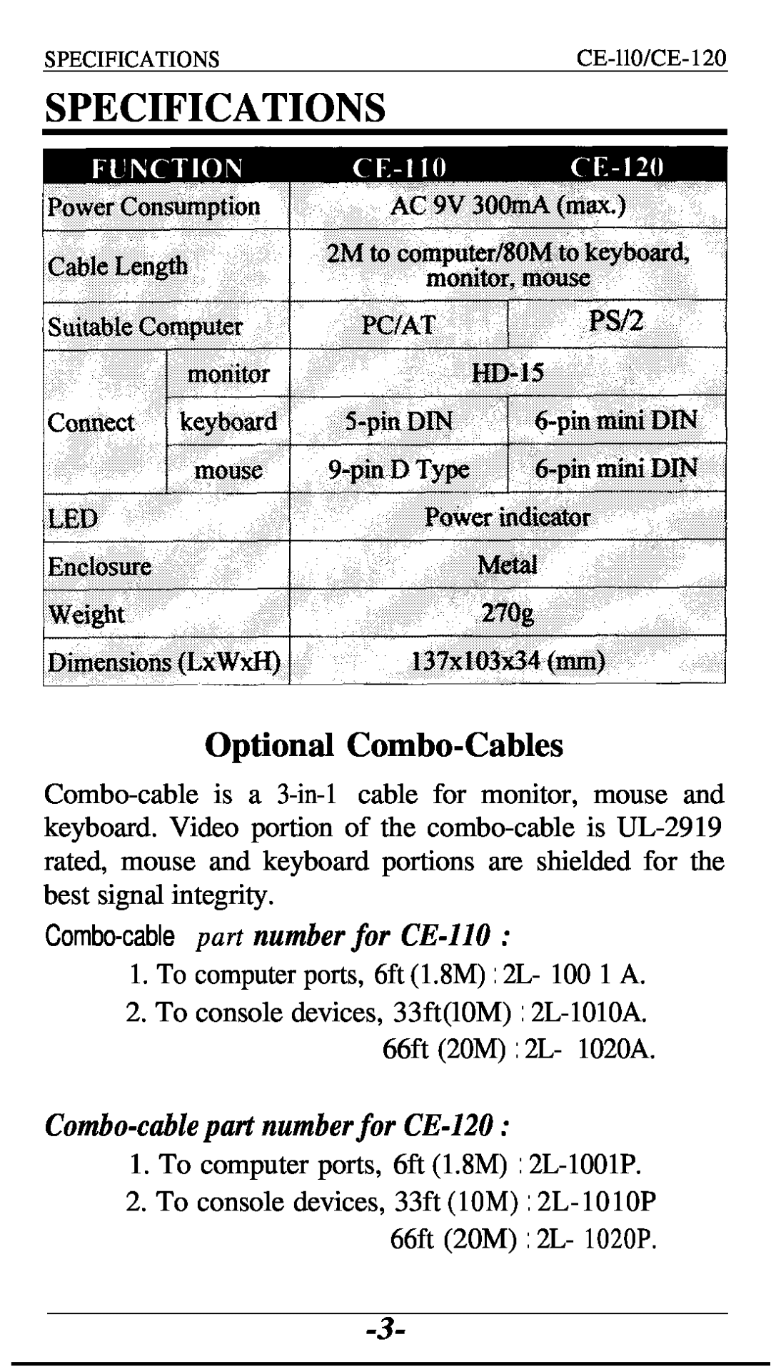 ATEN Technology CE- 110, CE- 120 user manual Specifications, Optional Combo-Cables, Combo-cable part number for CE-110 