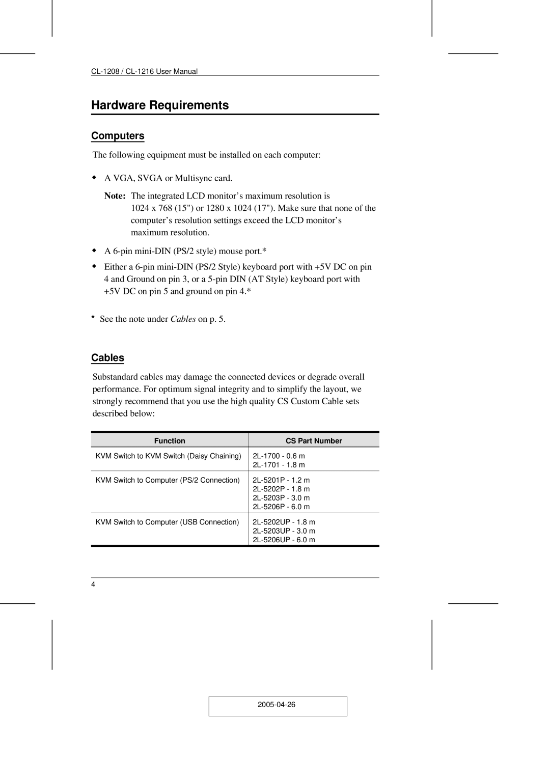 ATEN Technology CL-1208, CL-1216 user manual Hardware Requirements, Computers, Cables, Function CS Part Number 