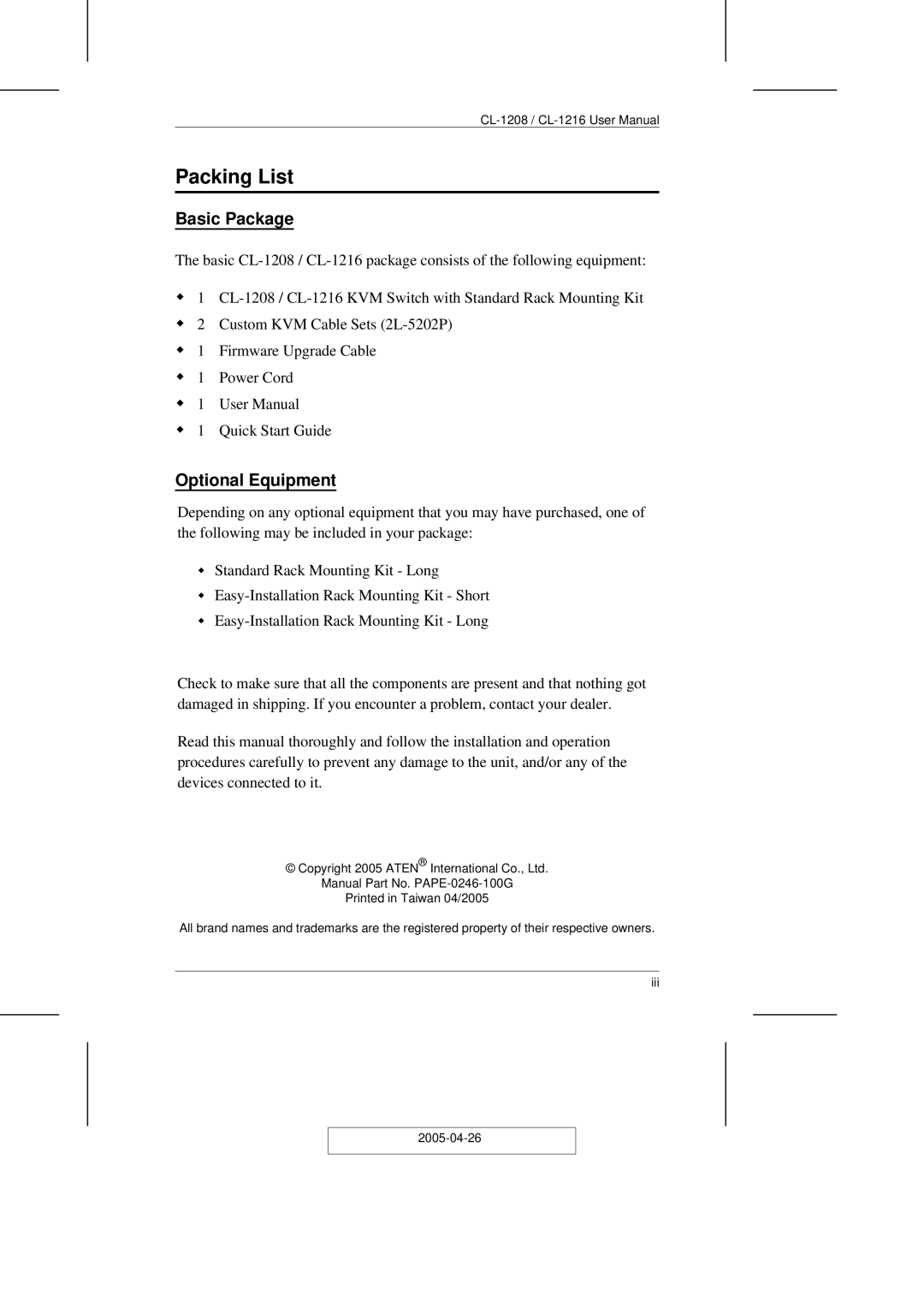 ATEN Technology CL-1216, CL-1208 user manual Packing List, Basic Package, Optional Equipment 