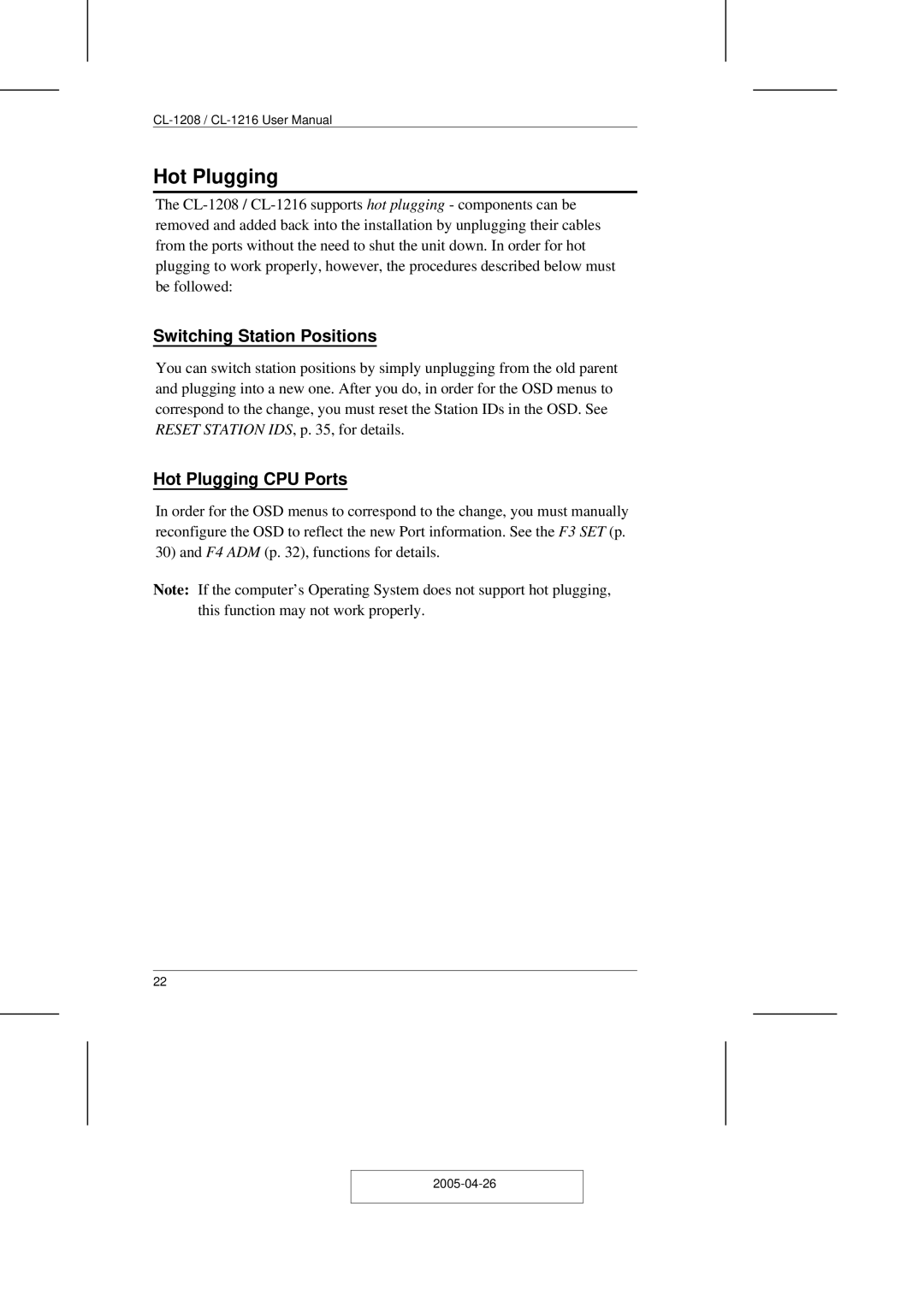 ATEN Technology CL-1208, CL-1216 user manual Switching Station Positions, Hot Plugging CPU Ports 