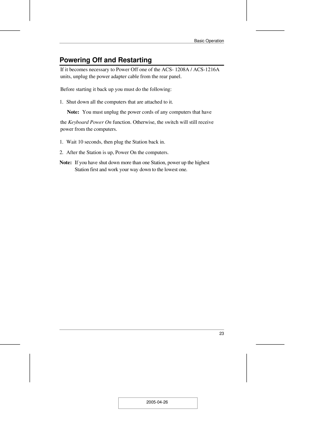 ATEN Technology CL-1216, CL-1208 user manual Powering Off and Restarting 