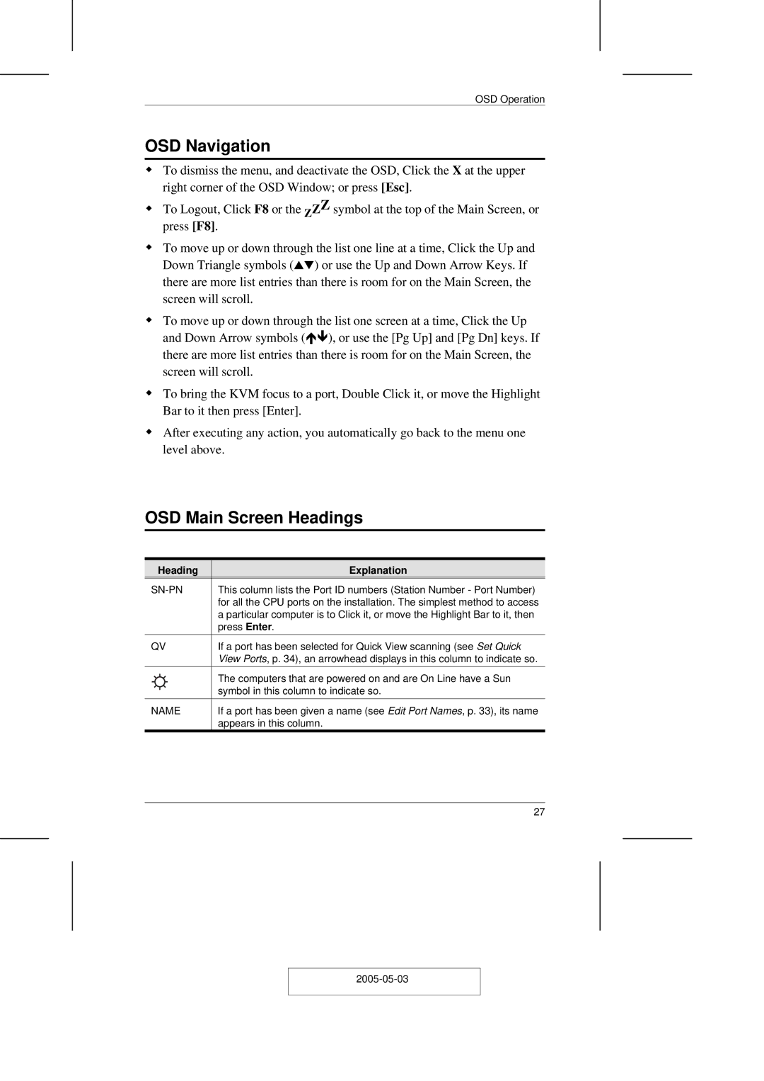 ATEN Technology CL-1216, CL-1208 user manual OSD Navigation, OSD Main Screen Headings, Heading Explanation, Sn-Pn, Name 