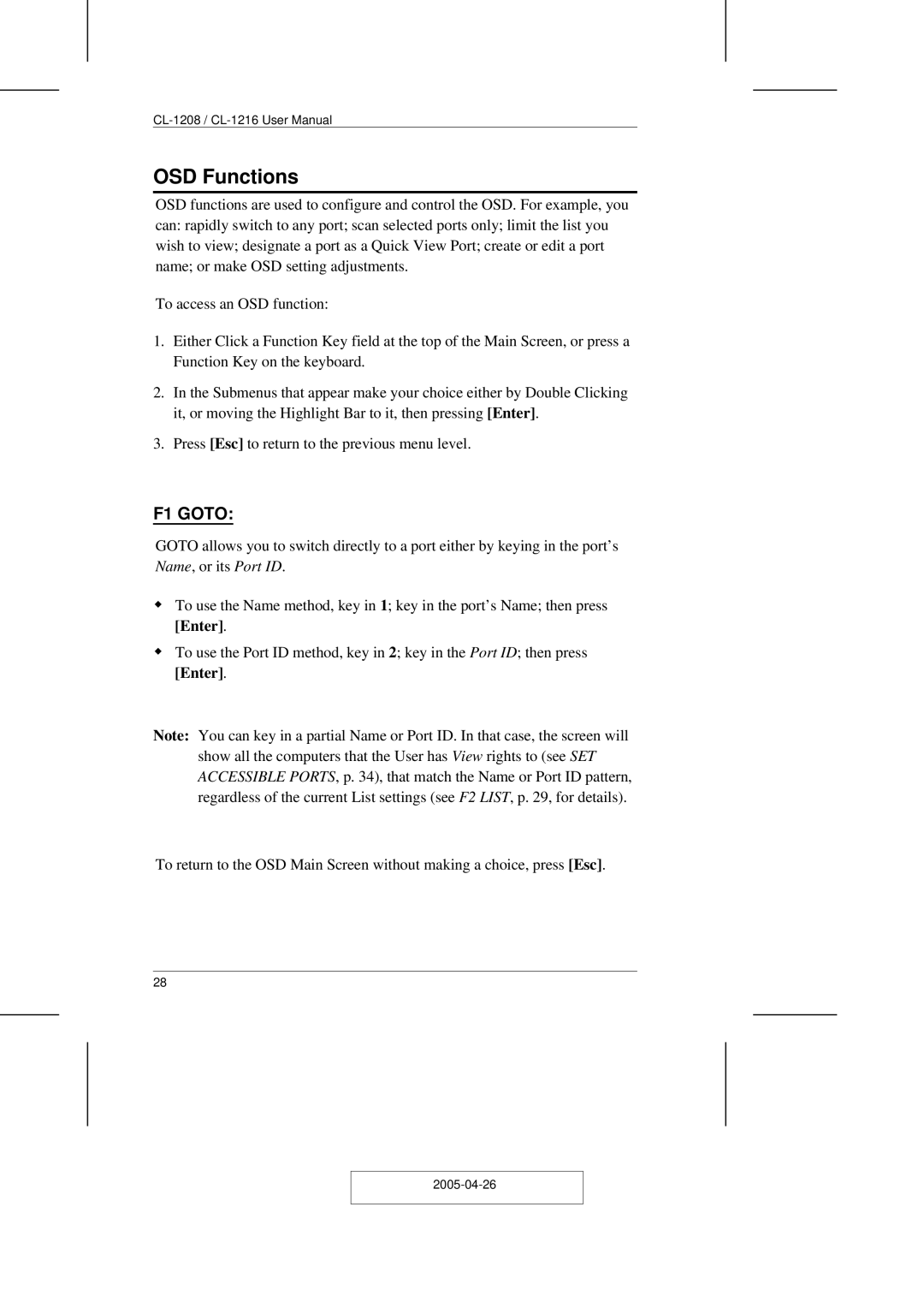 ATEN Technology CL-1208, CL-1216 user manual OSD Functions, F1 Goto 