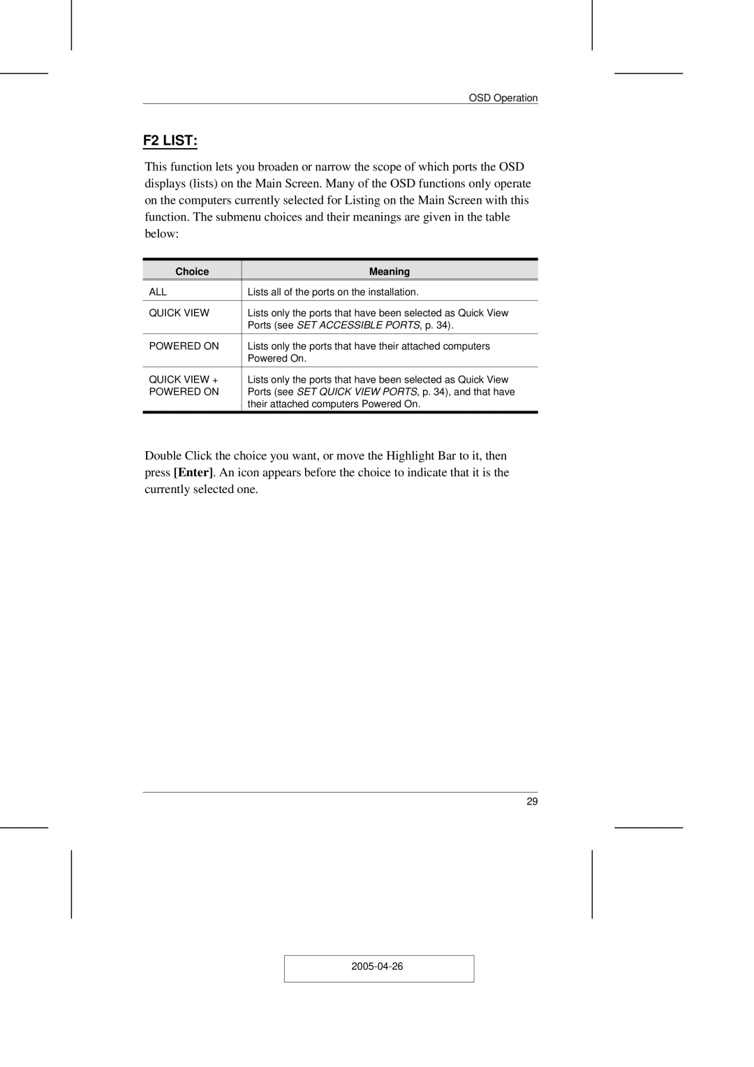 ATEN Technology CL-1216, CL-1208 user manual F2 List, Choice Meaning 