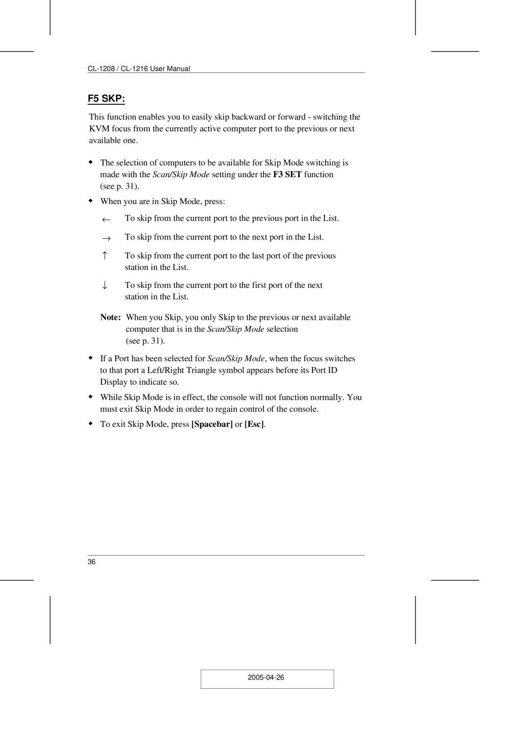 ATEN Technology CL-1208, CL-1216 user manual F5 SKP 