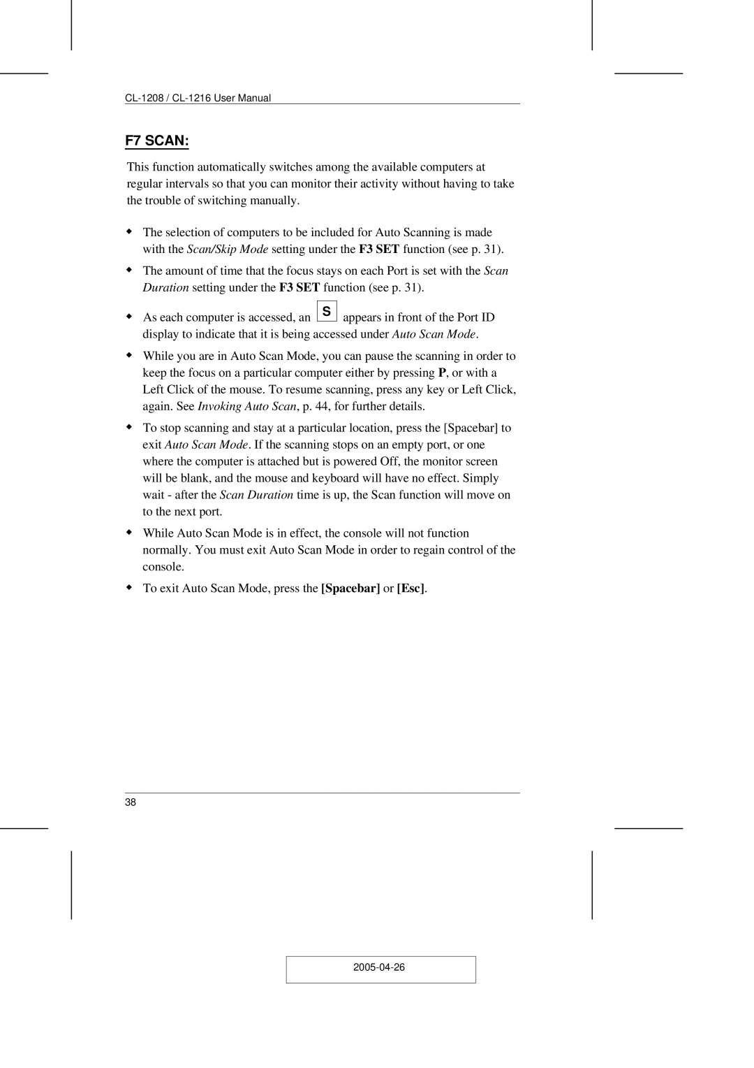 ATEN Technology CL-1208, CL-1216 user manual F7 Scan 