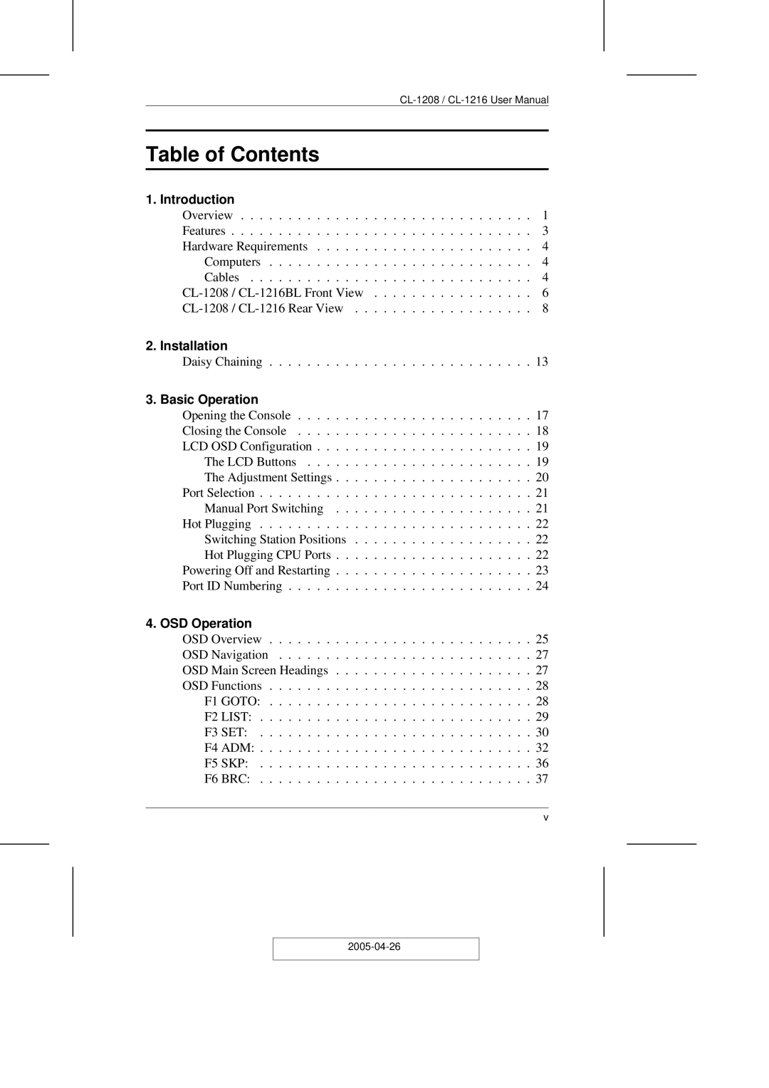 ATEN Technology CL-1216, CL-1208 user manual Table of Contents 