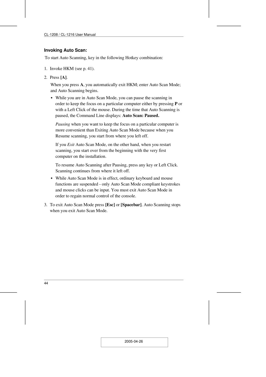 ATEN Technology CL-1208, CL-1216 user manual Invoking Auto Scan 