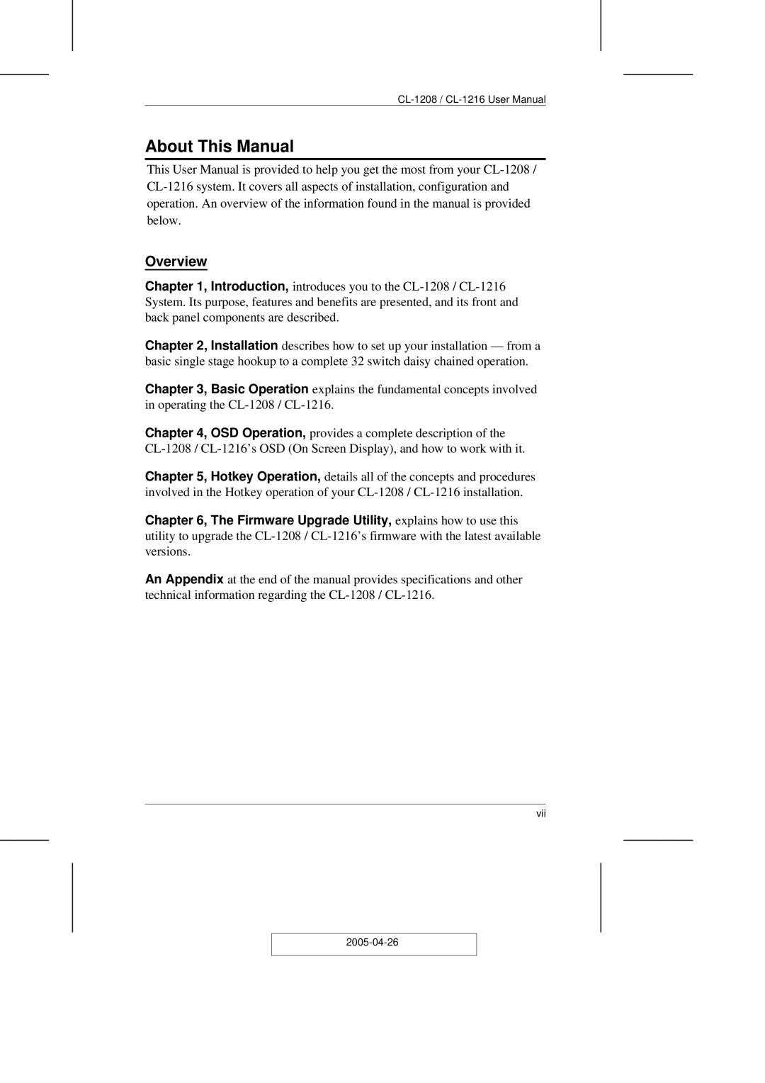 ATEN Technology CL-1216, CL-1208 user manual About This Manual, Overview 