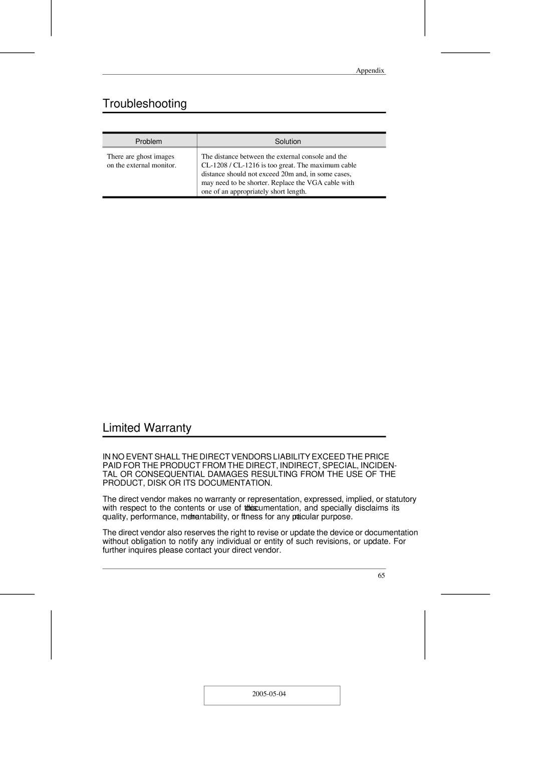 ATEN Technology CL-1216, CL-1208 user manual Troubleshooting, Limited Warranty, Problem Solution 