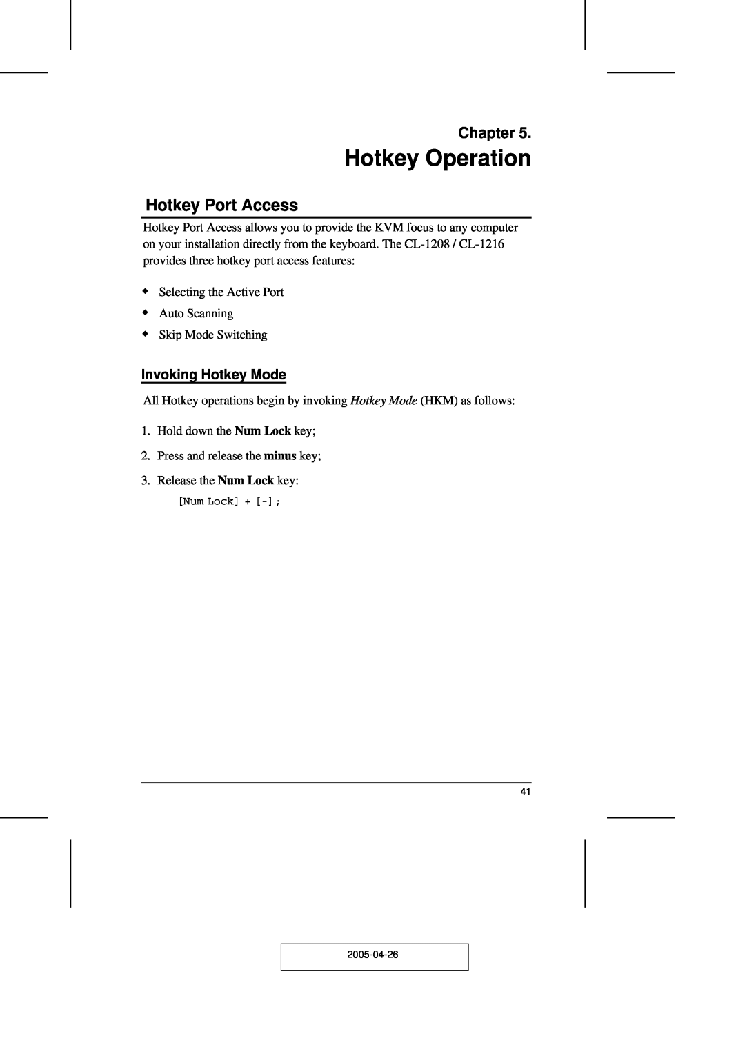 ATEN Technology CL-1216, CL-1208 user manual Hotkey Operation, Hotkey Port Access, Invoking Hotkey Mode, Chapter 