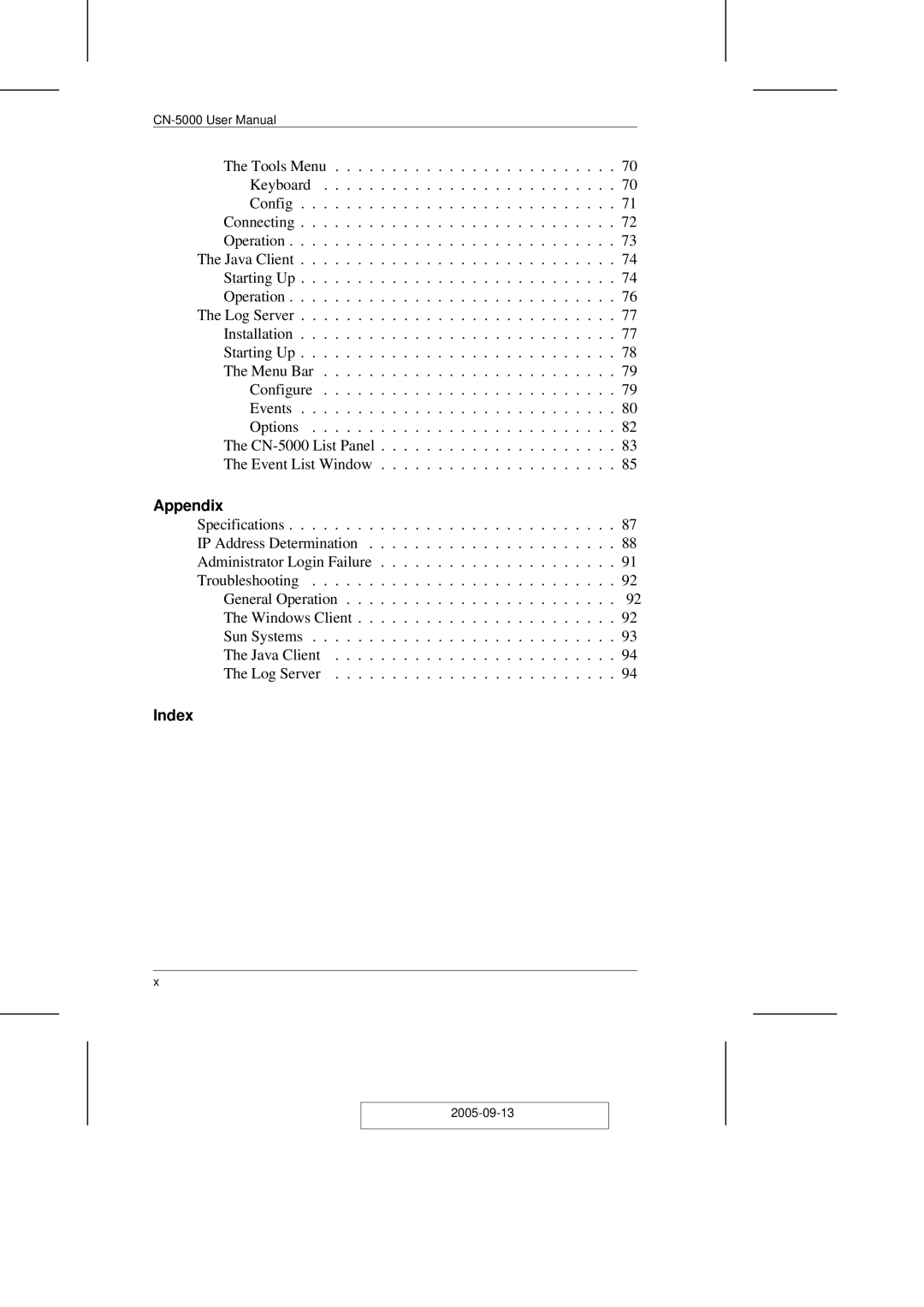 ATEN Technology CN-5000 user manual Appendix, Index 