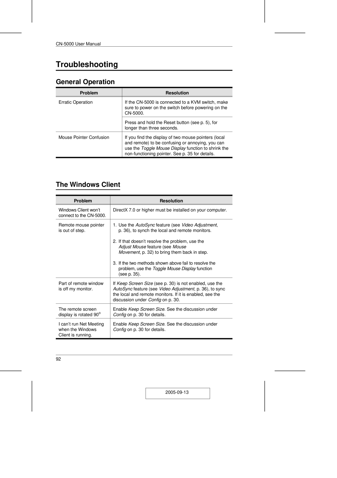 ATEN Technology CN-5000 user manual Troubleshooting, General Operation, Windows Client, Problem Resolution 