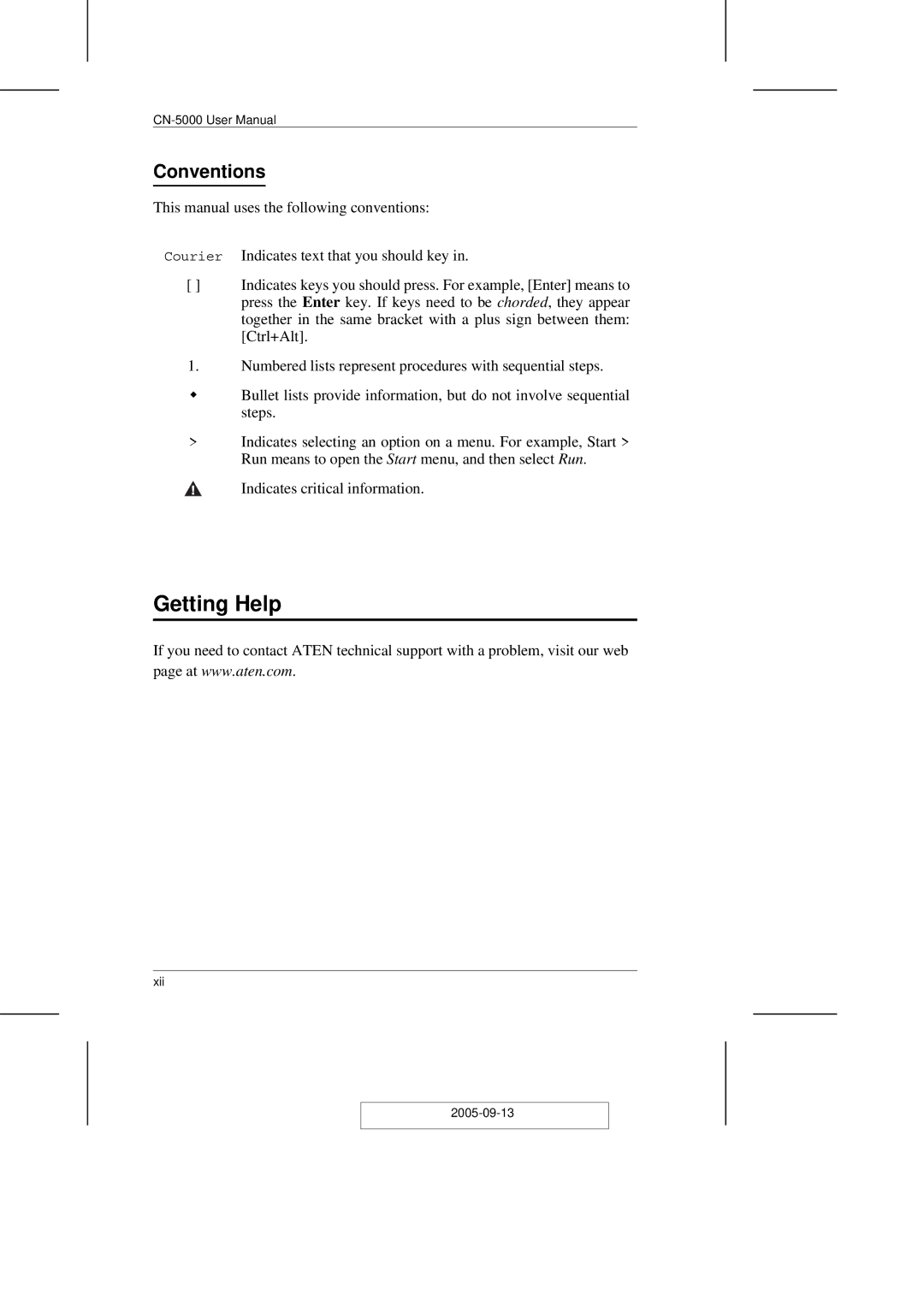 ATEN Technology CN-5000 user manual Getting Help, Conventions 