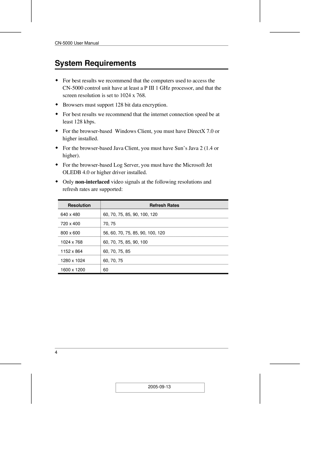 ATEN Technology CN-5000 user manual System Requirements, Resolution Refresh Rates 