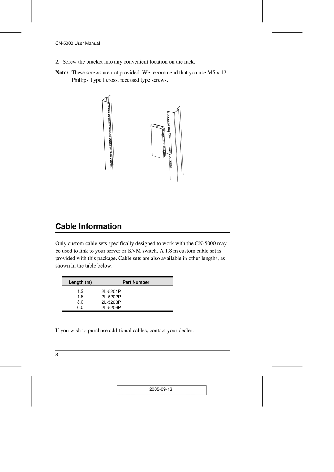 ATEN Technology CN-5000 user manual Cable Information, Length m Part Number 