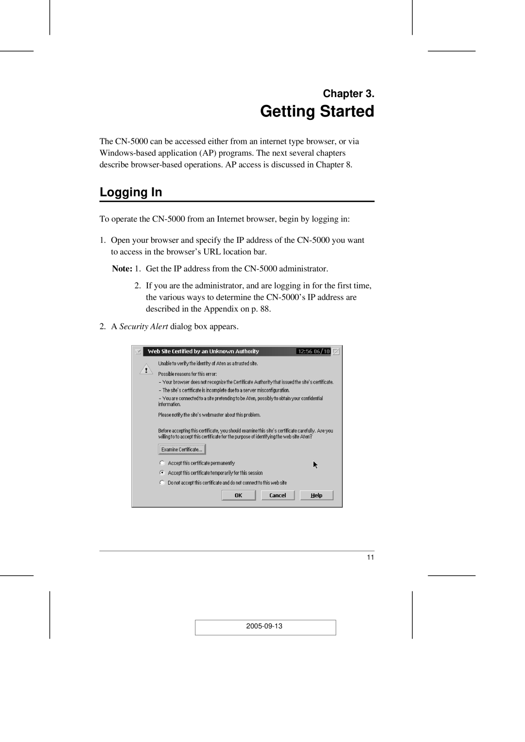 ATEN Technology CN-5000 user manual Getting Started, Logging 