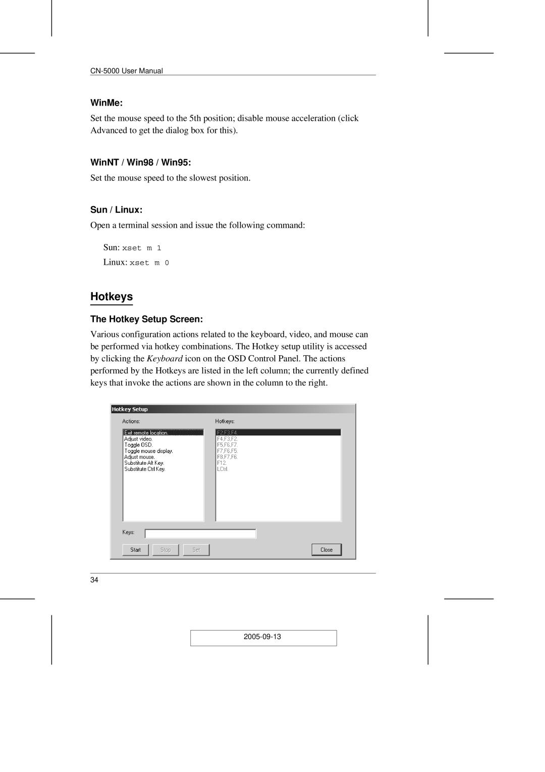 ATEN Technology CN-5000 user manual Hotkeys, WinMe, WinNT / Win98 / Win95, Sun / Linux, Hotkey Setup Screen 