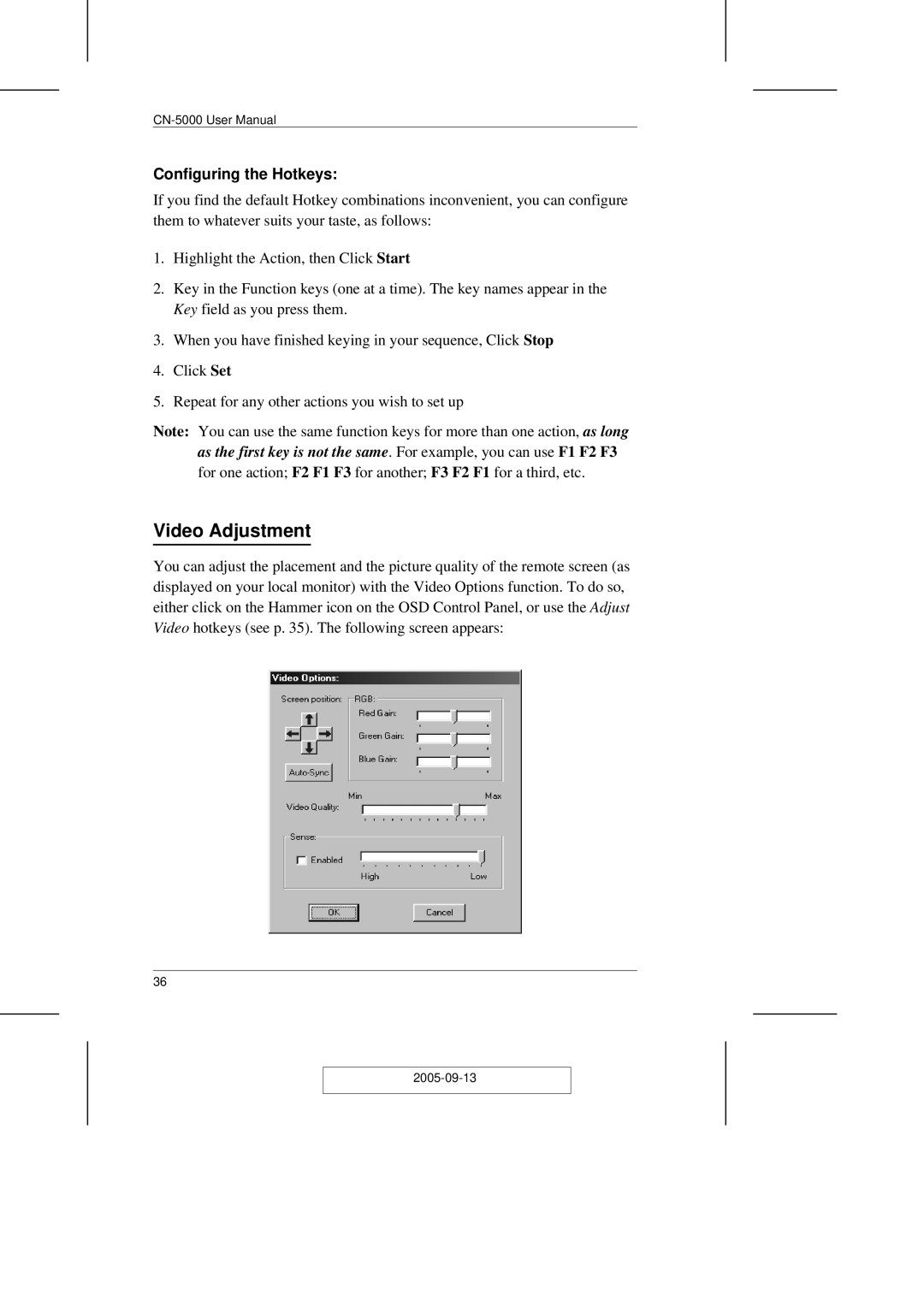 ATEN Technology CN-5000 user manual Video Adjustment, Configuring the Hotkeys 