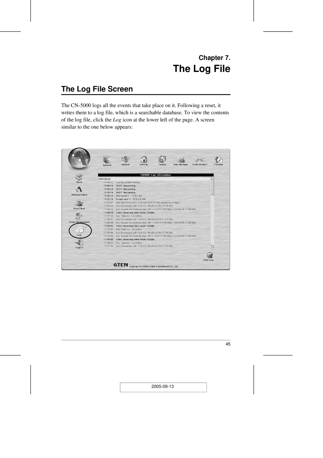 ATEN Technology CN-5000 user manual Log File Screen 