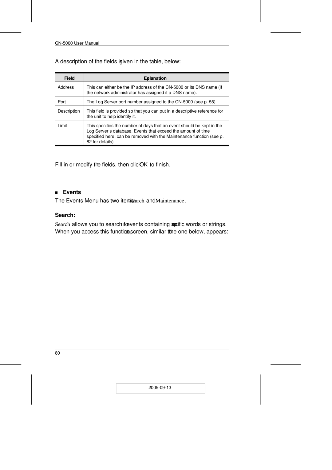 ATEN Technology CN-5000 user manual Events, Search, Field Explanation 