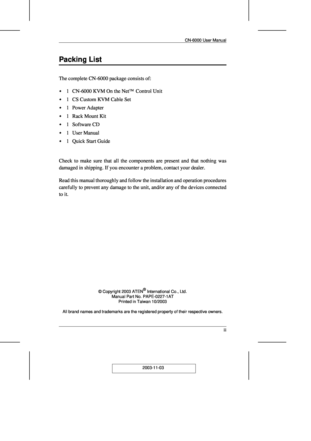 ATEN Technology CN-6000 user manual Packing List 