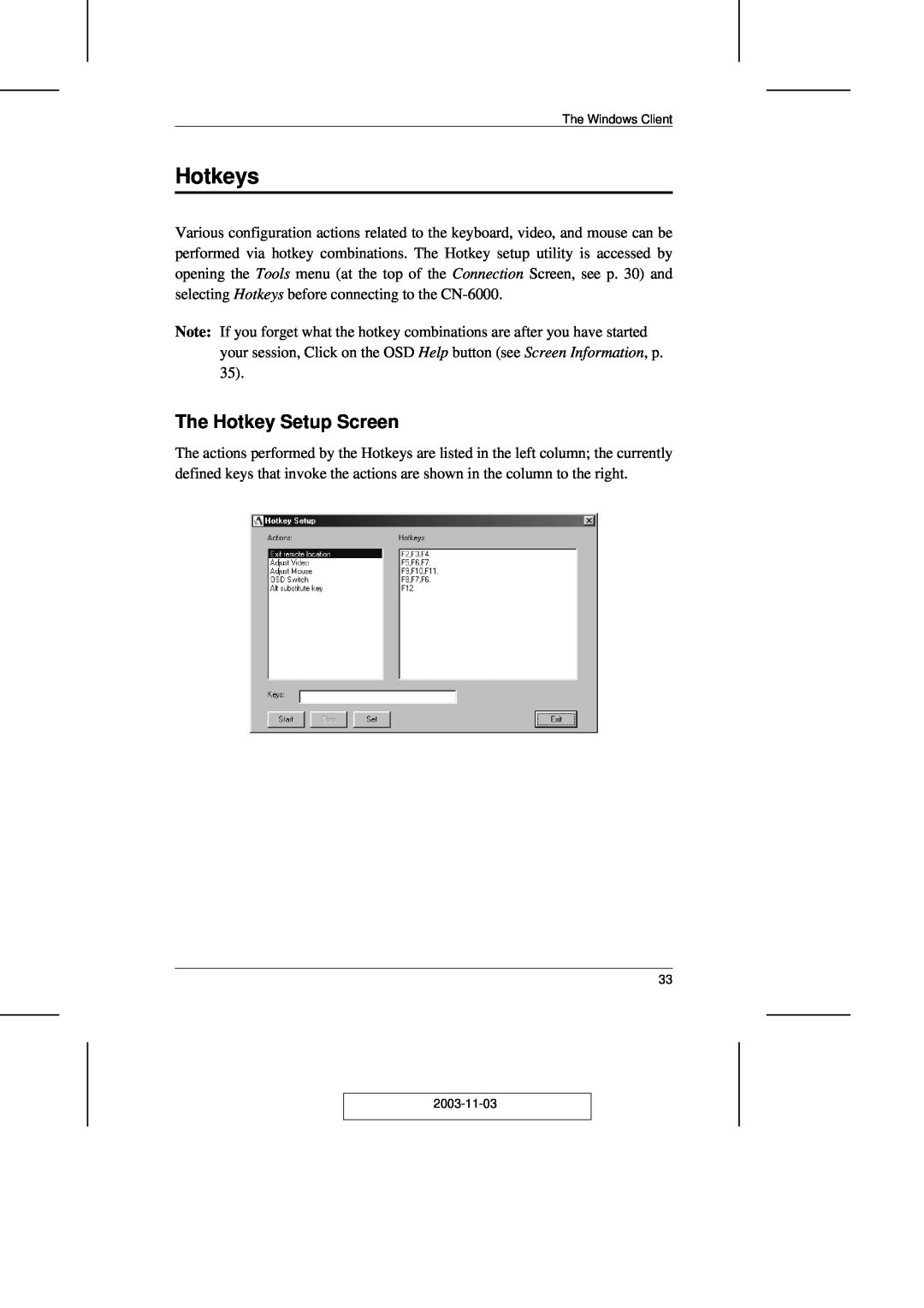 ATEN Technology CN-6000 user manual Hotkeys, The Hotkey Setup Screen 