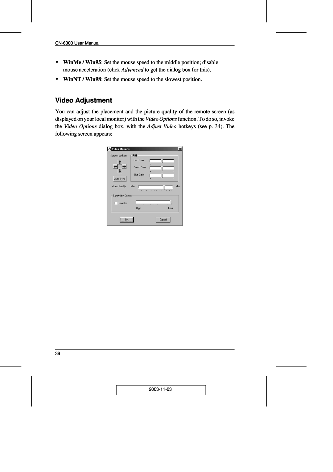 ATEN Technology CN-6000 user manual Video Adjustment, 2003-11-03 