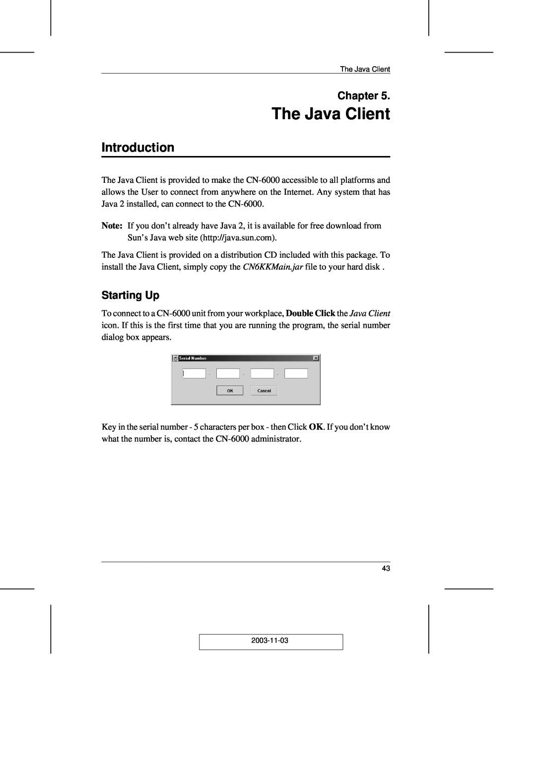 ATEN Technology CN-6000 user manual The Java Client, Introduction, Chapter, Starting Up, 2003-11-03 