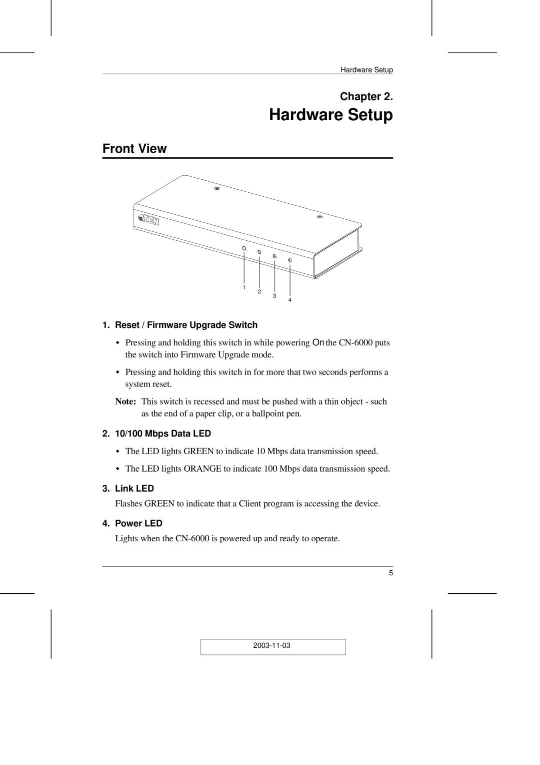 ATEN Technology CN-6000 user manual Front View, Reset / Firmware Upgrade Switch, 10/100 Mbps Data LED, Link LED, Power LED 