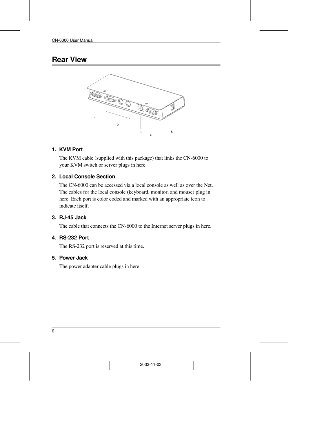 ATEN Technology CN-6000 user manual Rear View 