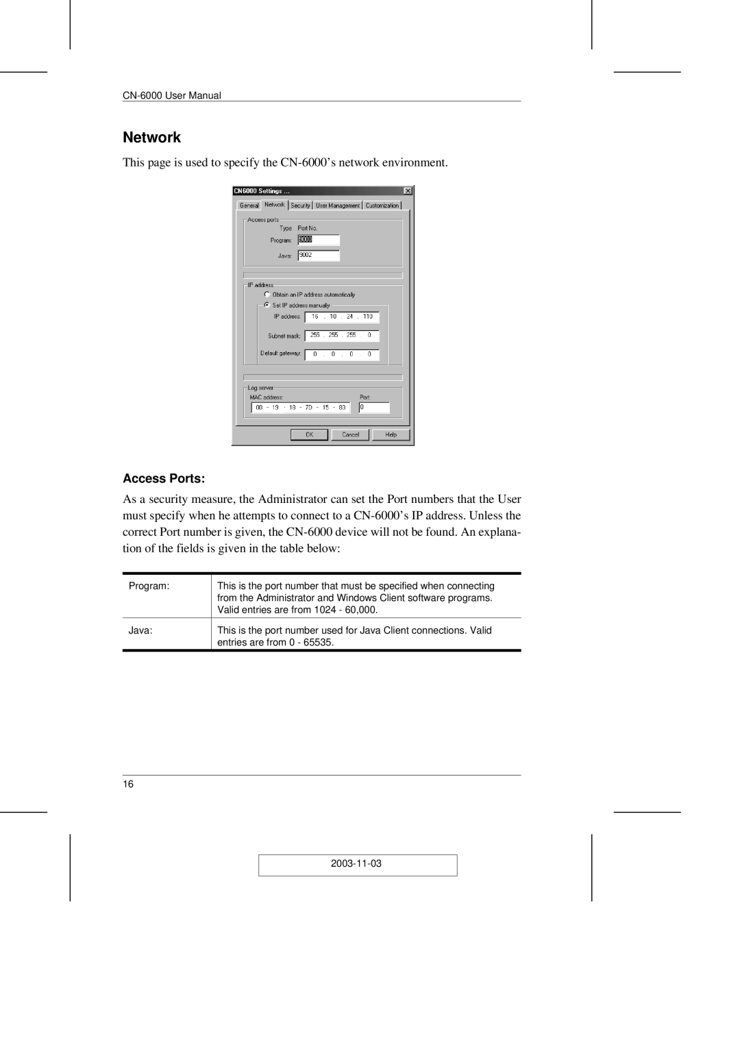 ATEN Technology CN-6000 user manual Network, Access Ports 