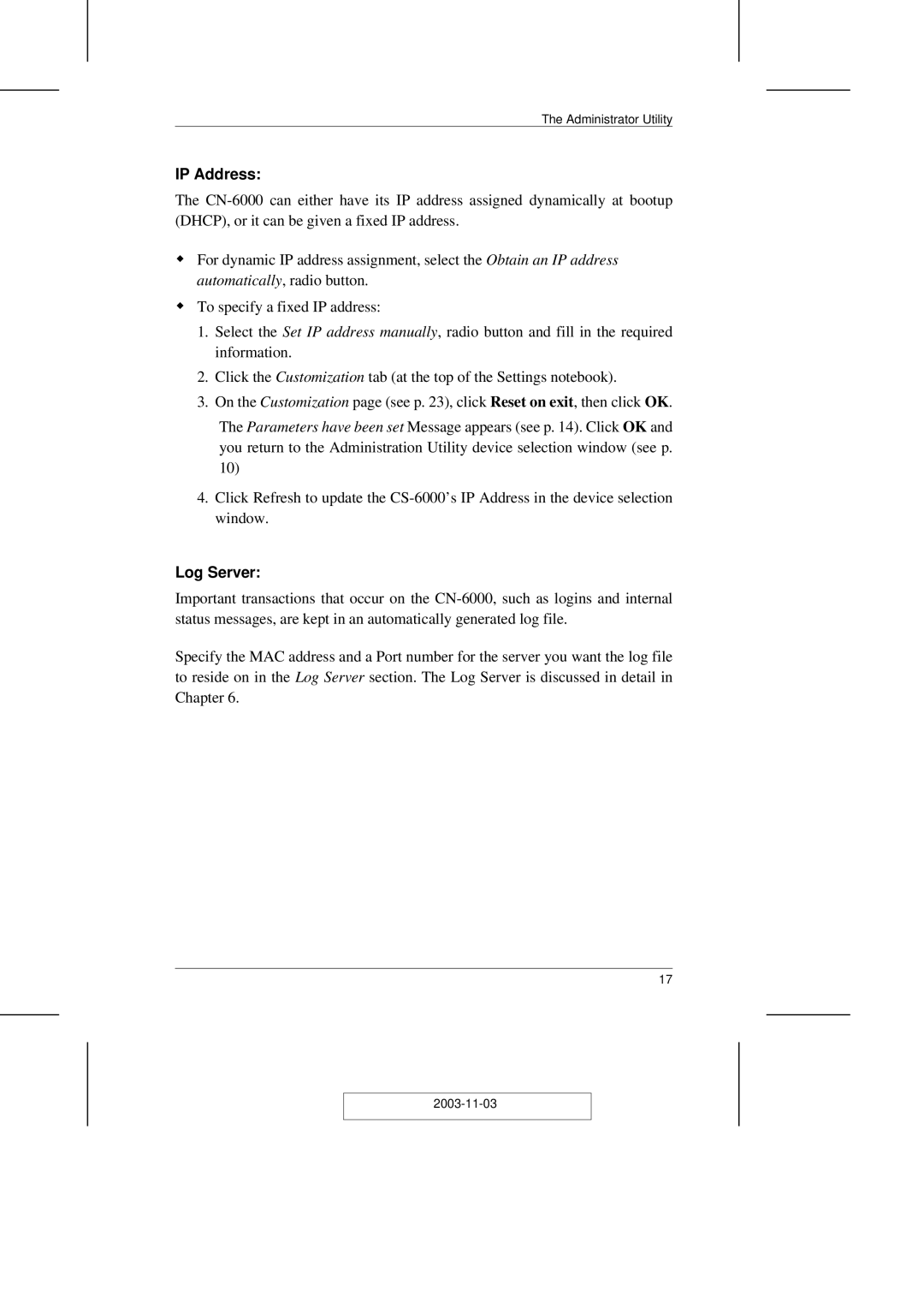 ATEN Technology CN-6000 user manual IP Address, Log Server 