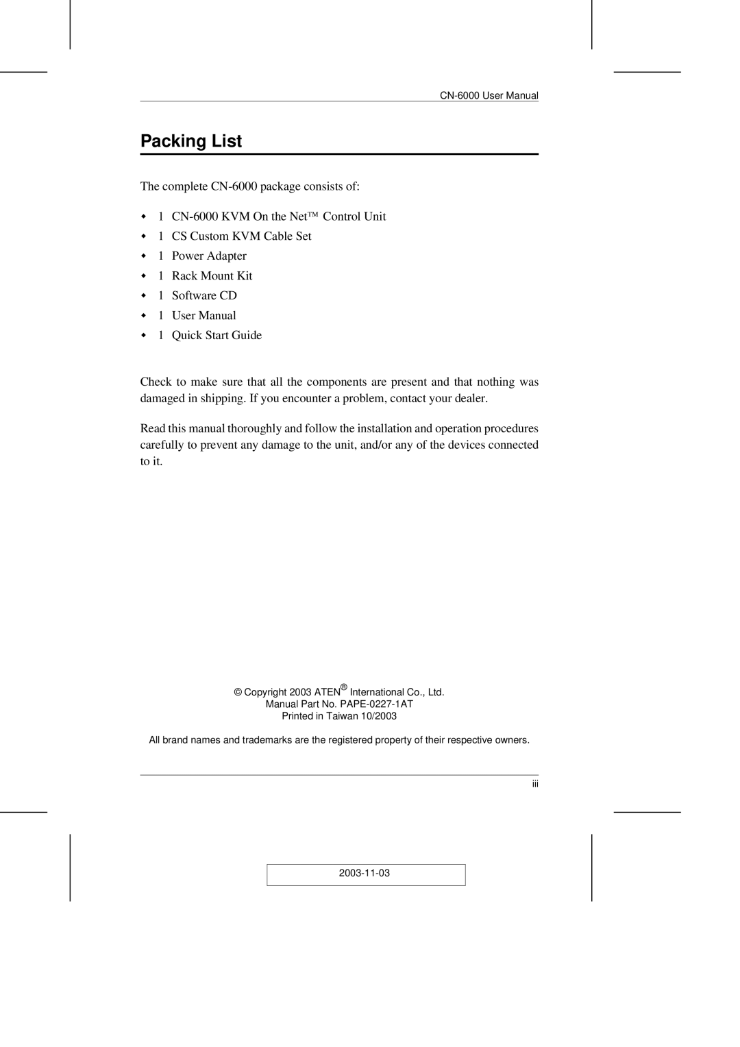 ATEN Technology CN-6000 user manual Packing List 