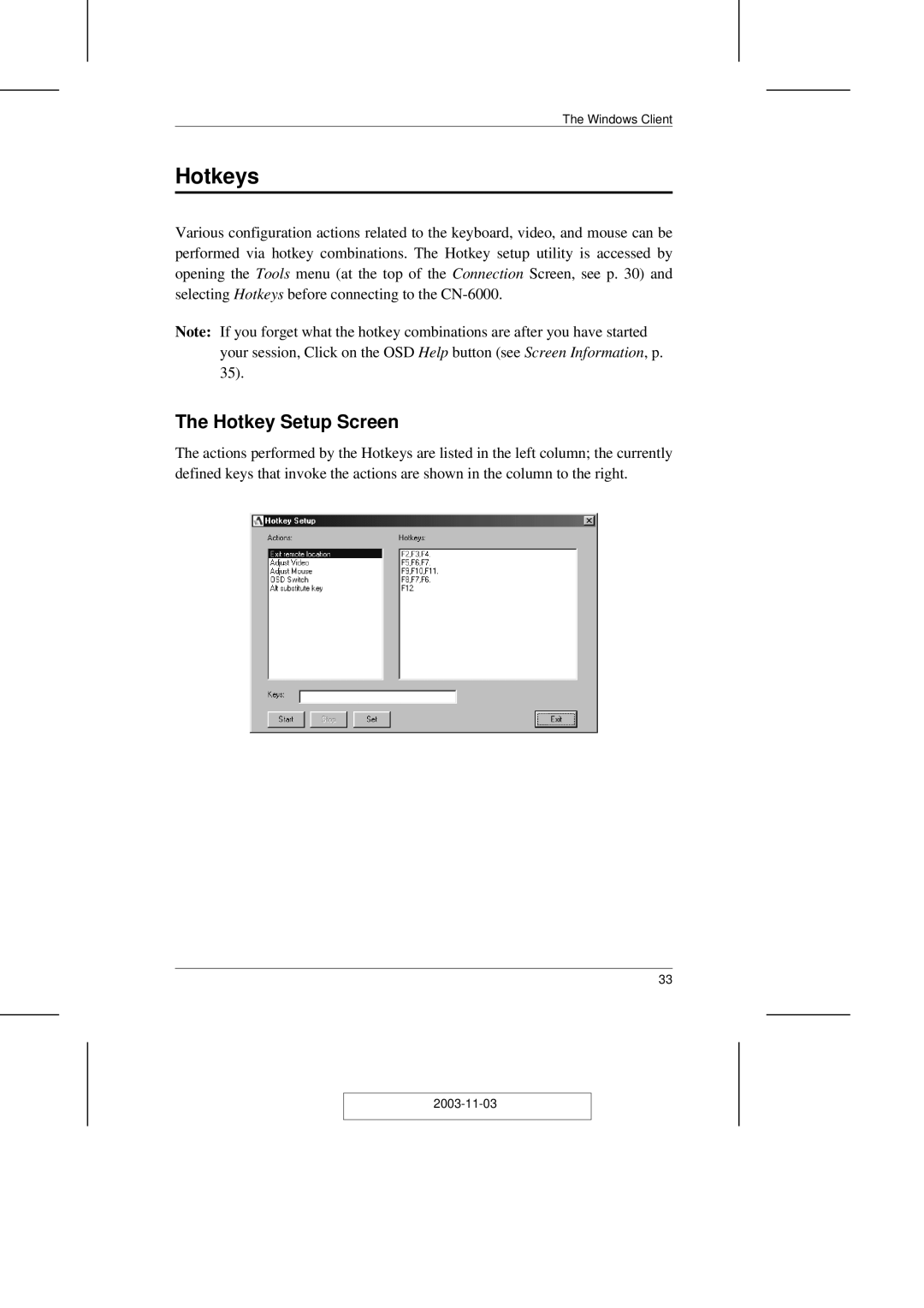 ATEN Technology CN-6000 user manual Hotkeys, Hotkey Setup Screen 