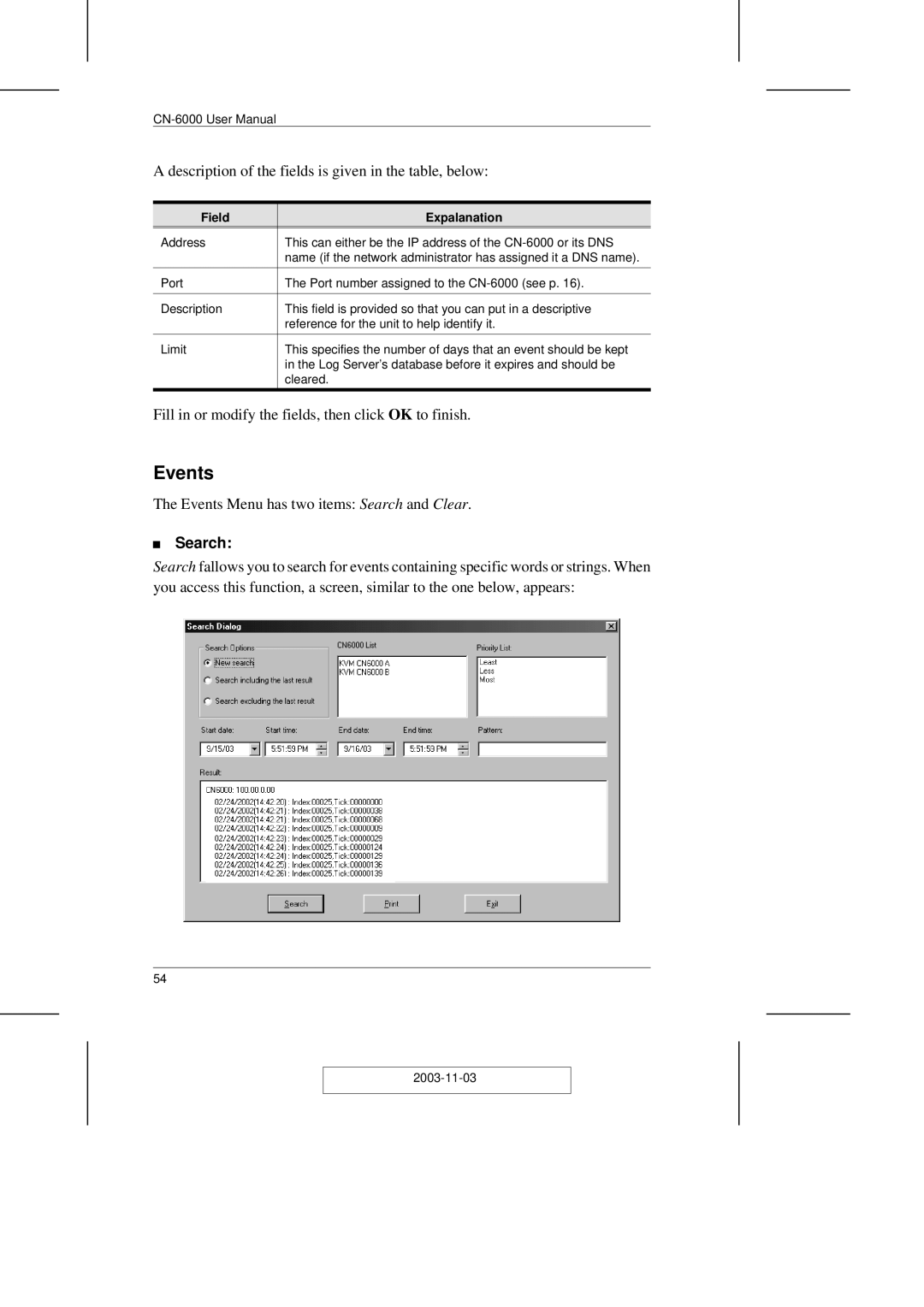 ATEN Technology CN-6000 user manual Events, Search 