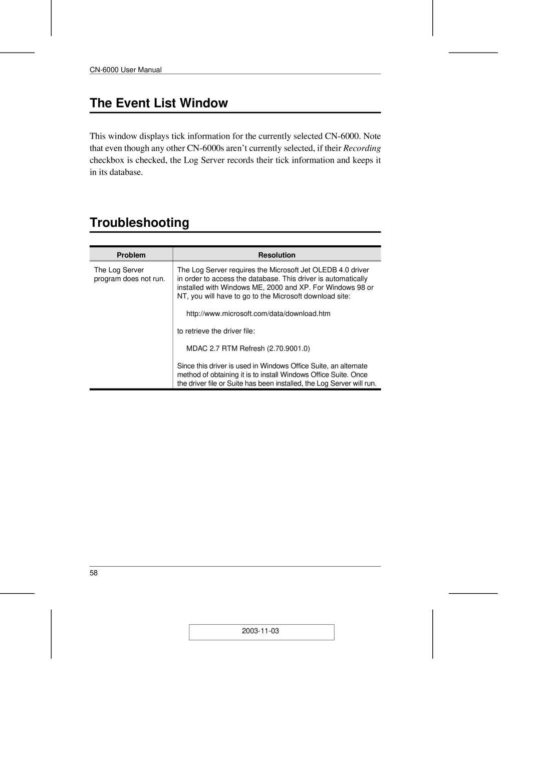 ATEN Technology CN-6000 user manual Event List Window, Troubleshooting 