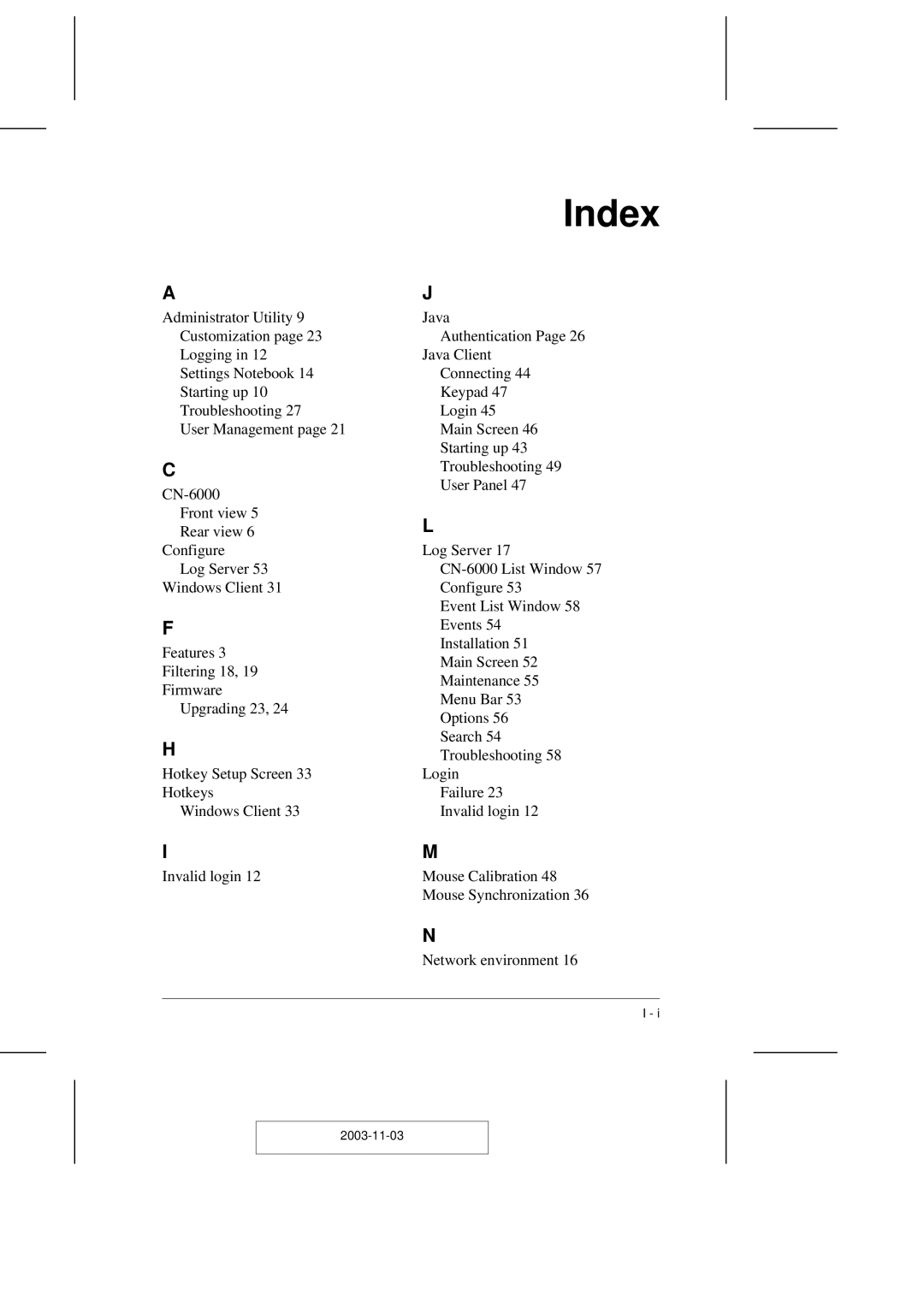 ATEN Technology CN-6000 user manual Index 