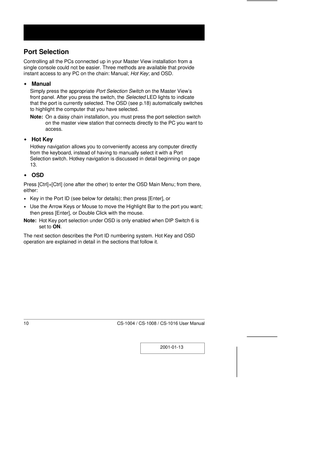 ATEN Technology CS-1008, CS-1004, CS-1016 user manual Port Selection, Manual, Hot Key, Osd 